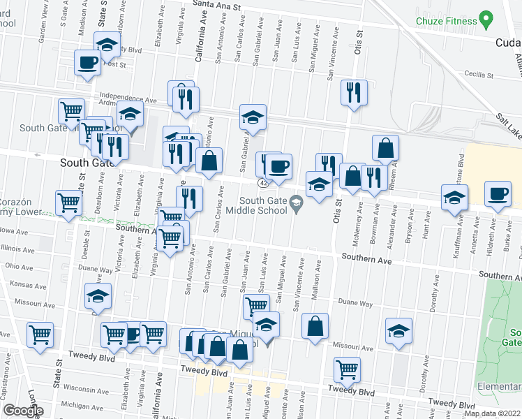 map of restaurants, bars, coffee shops, grocery stores, and more near 8946 San Juan Avenue in South Gate