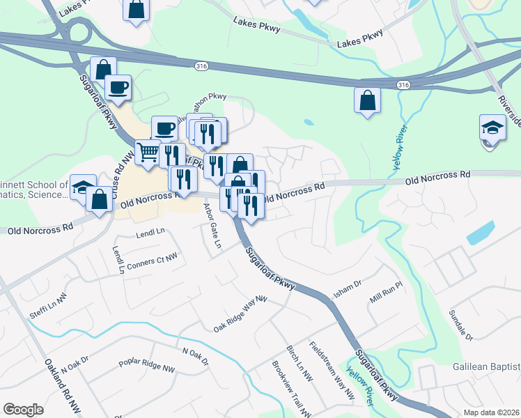 map of restaurants, bars, coffee shops, grocery stores, and more near 1700 Old Norcross Road in Lawrenceville