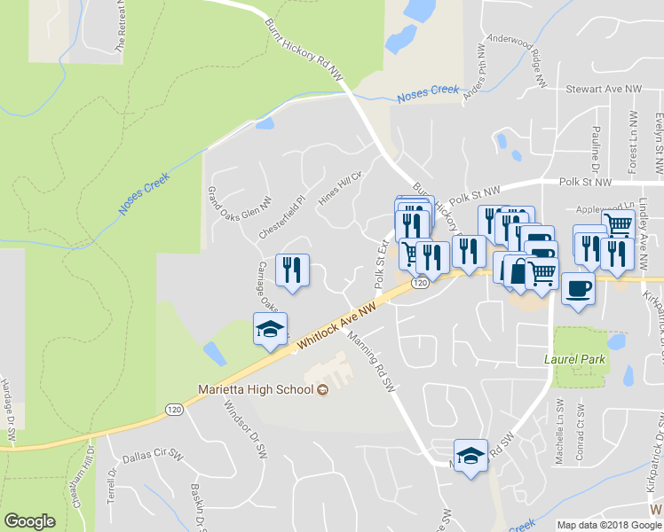 map of restaurants, bars, coffee shops, grocery stores, and more near 1245 Whitlock Ridge Drive in Marietta