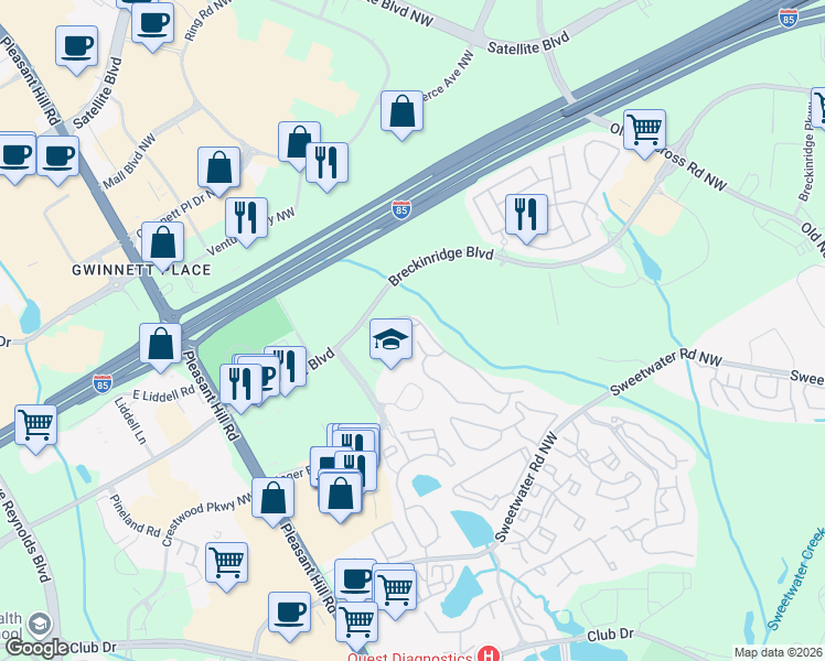 map of restaurants, bars, coffee shops, grocery stores, and more near 3450 Breckinridge Boulevard in Duluth