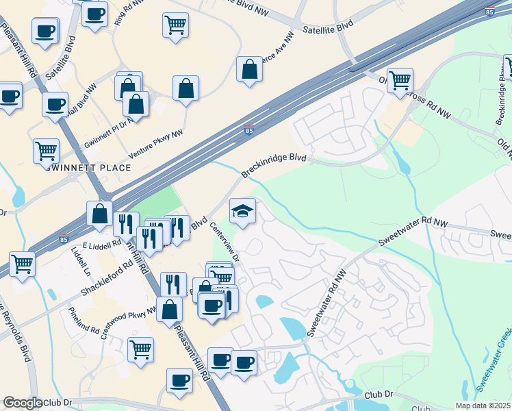 map of restaurants, bars, coffee shops, grocery stores, and more near 3450 Breckinridge Boulevard in Duluth