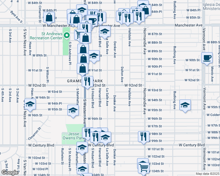 map of restaurants, bars, coffee shops, grocery stores, and more near 9201 South Denker Avenue in Los Angeles