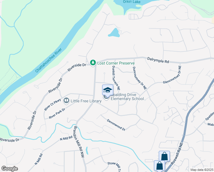 map of restaurants, bars, coffee shops, grocery stores, and more near 115 Dunhill Court Northeast in Sandy Springs