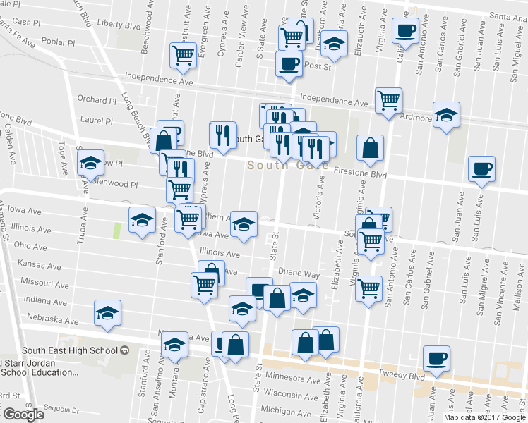 map of restaurants, bars, coffee shops, grocery stores, and more near 8984 Madison Avenue in South Gate