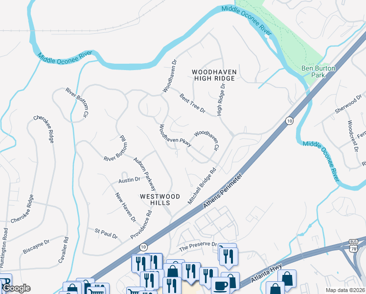 map of restaurants, bars, coffee shops, grocery stores, and more near 107 Woodhaven Terrace in Athens