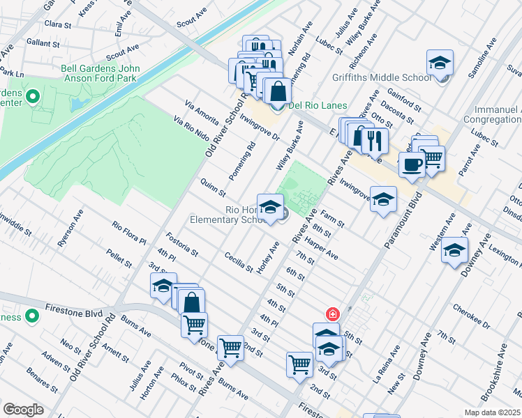 map of restaurants, bars, coffee shops, grocery stores, and more near 10530 Wiley Burke Ave in Downey