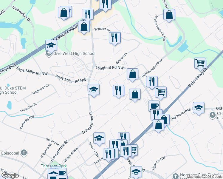 map of restaurants, bars, coffee shops, grocery stores, and more near 2972 Stanstead Circle in Norcross