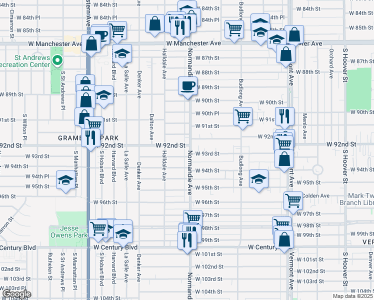 map of restaurants, bars, coffee shops, grocery stores, and more near 9201 Normandie Avenue in Los Angeles