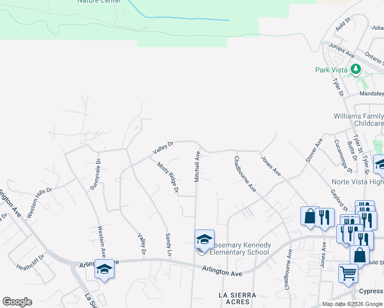 map of restaurants, bars, coffee shops, grocery stores, and more near 6788 Mitchell Avenue in Riverside