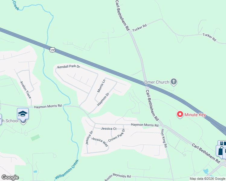 map of restaurants, bars, coffee shops, grocery stores, and more near 1001 Haymon Court in Winder