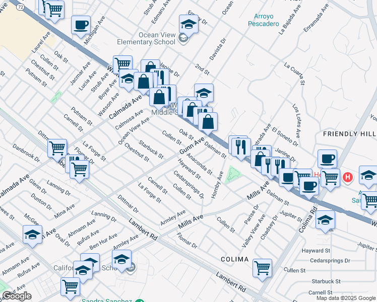 map of restaurants, bars, coffee shops, grocery stores, and more near 8966 Gunn Avenue in Whittier