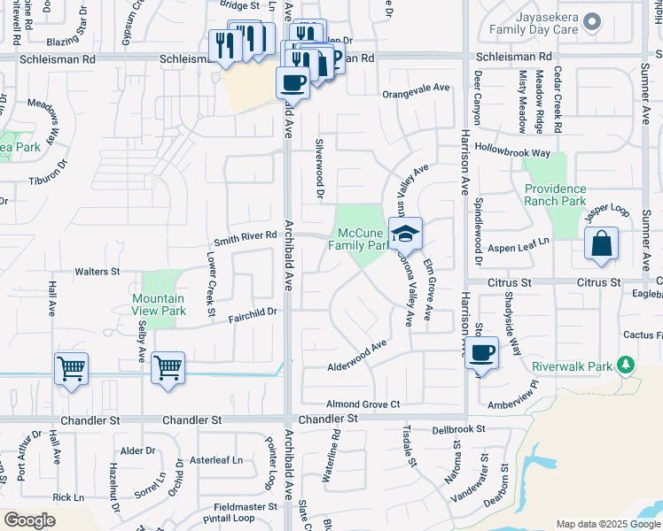 map of restaurants, bars, coffee shops, grocery stores, and more near 14114 Mandeville Court in Corona