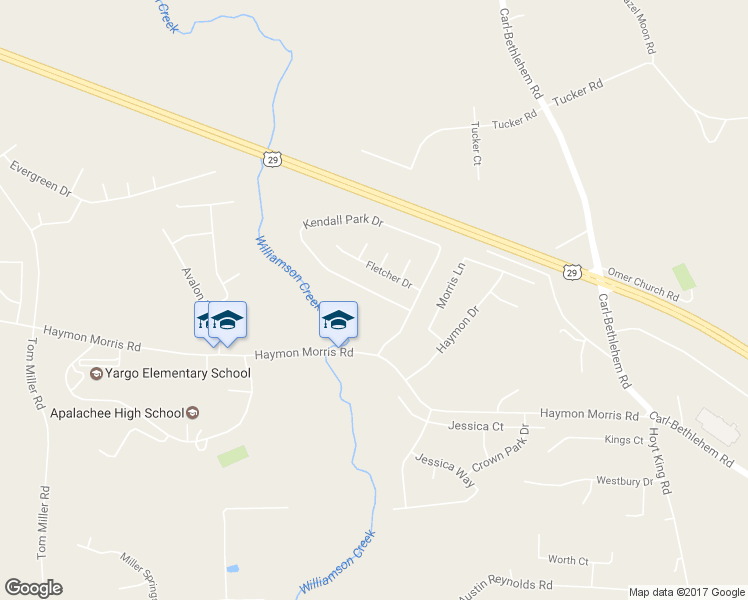 map of restaurants, bars, coffee shops, grocery stores, and more near 927 Kendall Park Drive in Winder