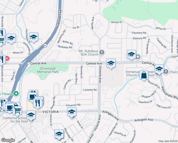map of restaurants, bars, coffee shops, grocery stores, and more near 2752 Nectarine Avenue in Riverside