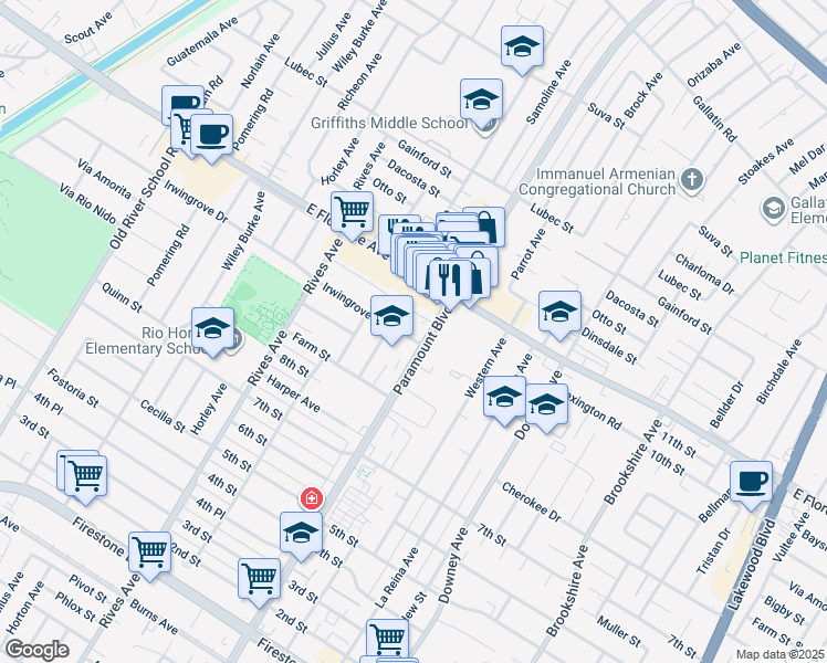 map of restaurants, bars, coffee shops, grocery stores, and more near 10245 Paramount Boulevard in Downey