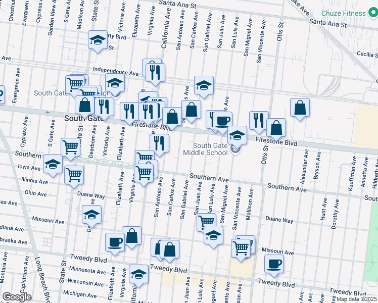 map of restaurants, bars, coffee shops, grocery stores, and more near 8945 San Gabriel Avenue in South Gate