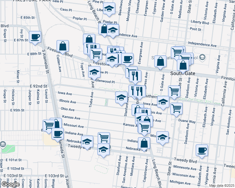 map of restaurants, bars, coffee shops, grocery stores, and more near 2800 Southern Avenue in South Gate