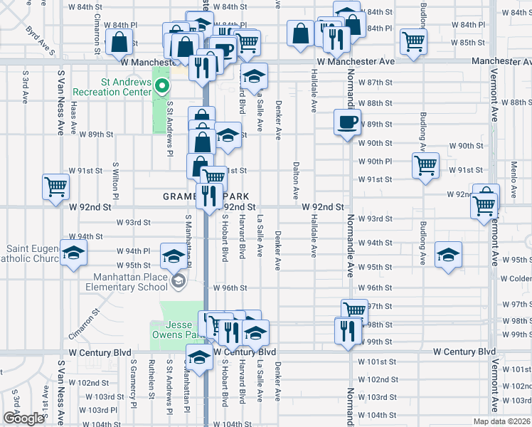 map of restaurants, bars, coffee shops, grocery stores, and more near 9201 South Denker Avenue in Los Angeles