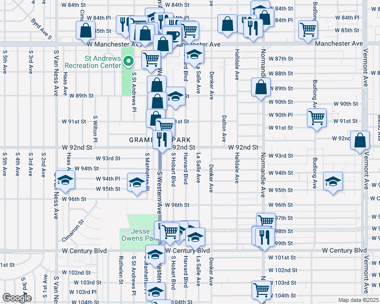 map of restaurants, bars, coffee shops, grocery stores, and more near 9200 Harvard Boulevard in Los Angeles