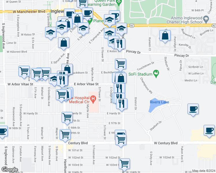 map of restaurants, bars, coffee shops, grocery stores, and more near 902 South Osage Avenue in Inglewood