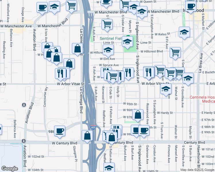 map of restaurants, bars, coffee shops, grocery stores, and more near 614 West Arbor Vitae Street in Inglewood