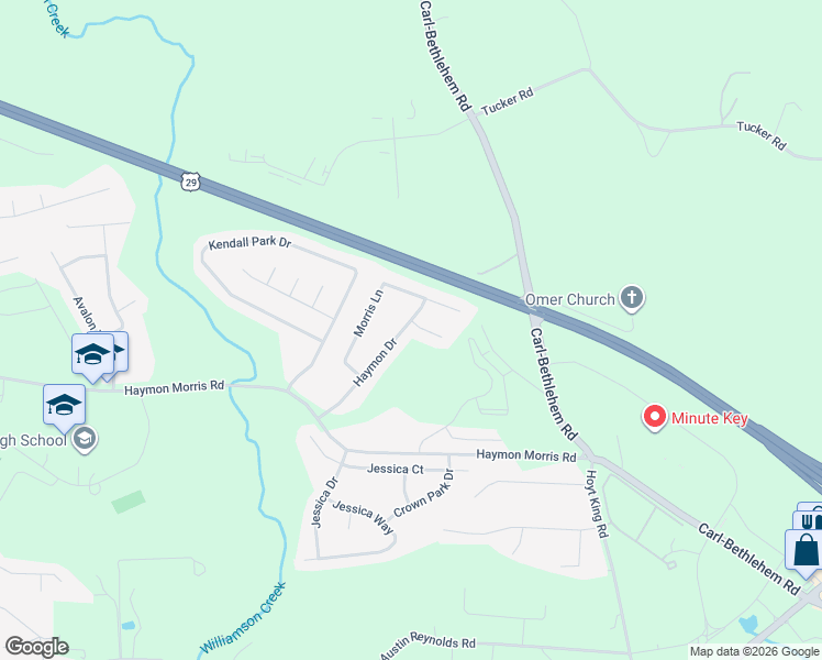 map of restaurants, bars, coffee shops, grocery stores, and more near 1001 Haymon Court in Winder
