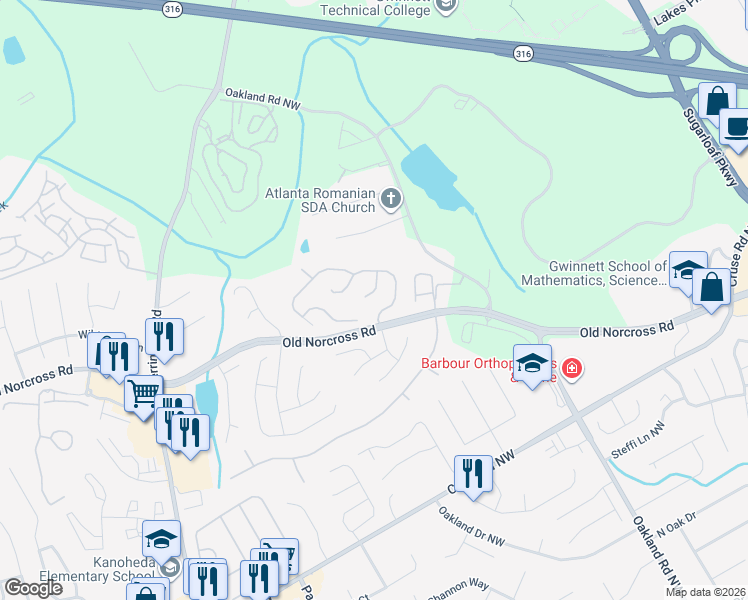 map of restaurants, bars, coffee shops, grocery stores, and more near 2100 Carlysle Park Lane in Lawrenceville