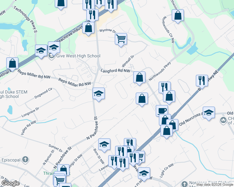 map of restaurants, bars, coffee shops, grocery stores, and more near 2972 Stanstead Circle in Norcross