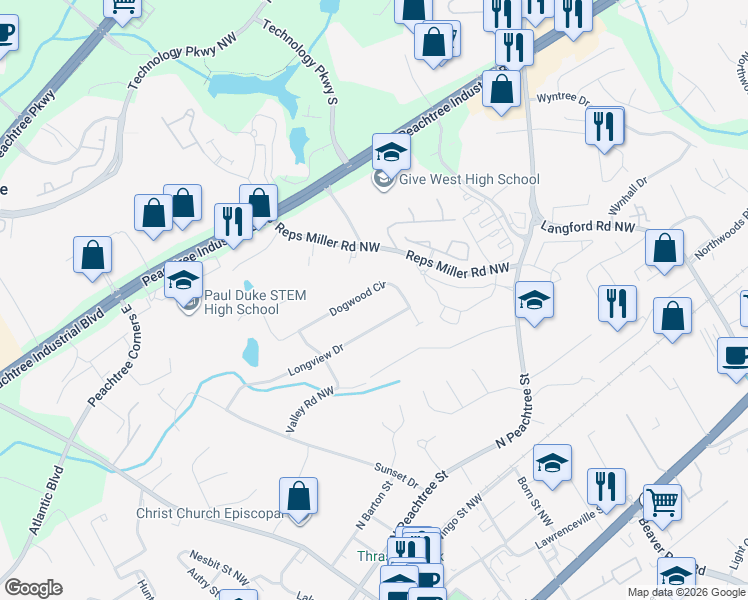 map of restaurants, bars, coffee shops, grocery stores, and more near 560 Dogwood Circle in Norcross