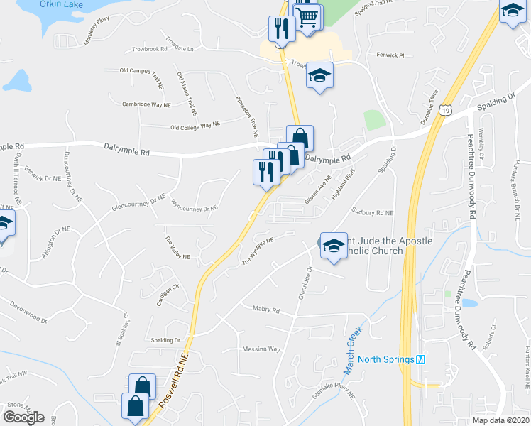 map of restaurants, bars, coffee shops, grocery stores, and more near 7200 Glisten Avenue Northeast in Sandy Springs