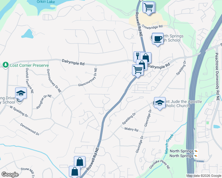 map of restaurants, bars, coffee shops, grocery stores, and more near 535 Wyncourtney Drive Northeast in Atlanta