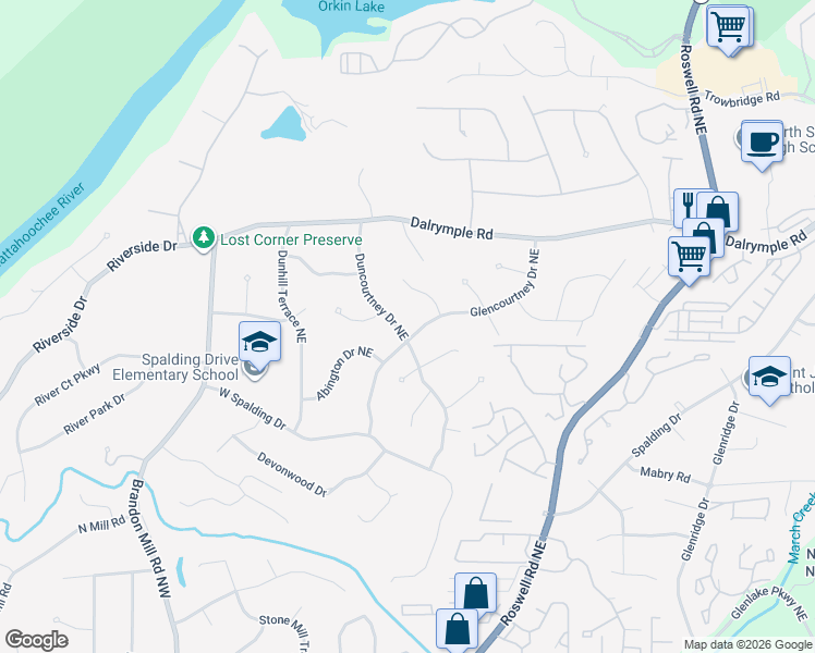 map of restaurants, bars, coffee shops, grocery stores, and more near 330 Glencourtney Drive Northeast in Atlanta