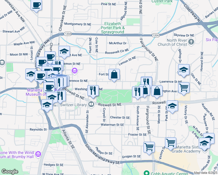 map of restaurants, bars, coffee shops, grocery stores, and more near 351 Washington Avenue Northeast in Marietta
