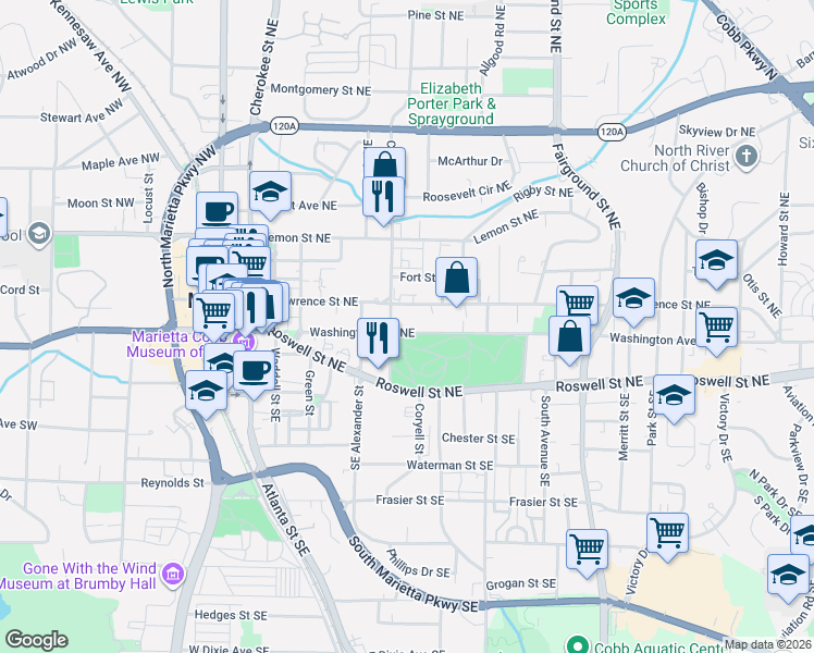 map of restaurants, bars, coffee shops, grocery stores, and more near 315 Washington Avenue Northeast in Marietta