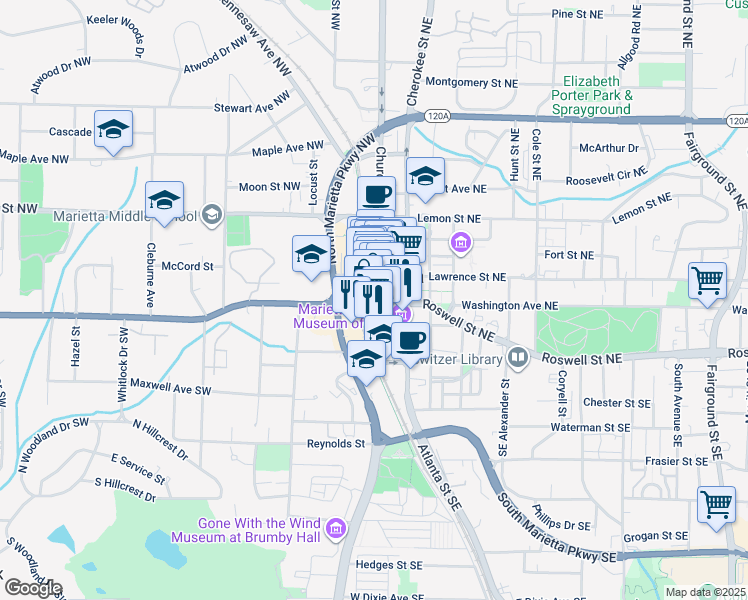 map of restaurants, bars, coffee shops, grocery stores, and more near in Marietta