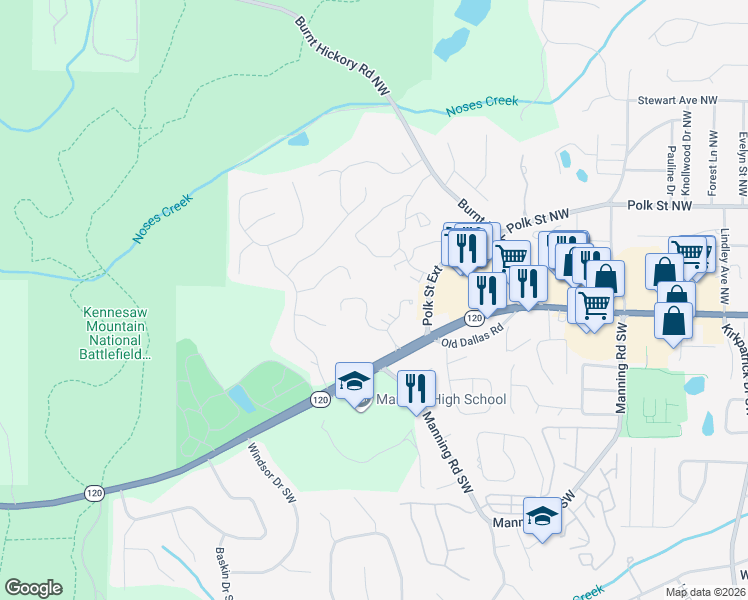map of restaurants, bars, coffee shops, grocery stores, and more near 1245 Whitlock Ridge Drive in Marietta