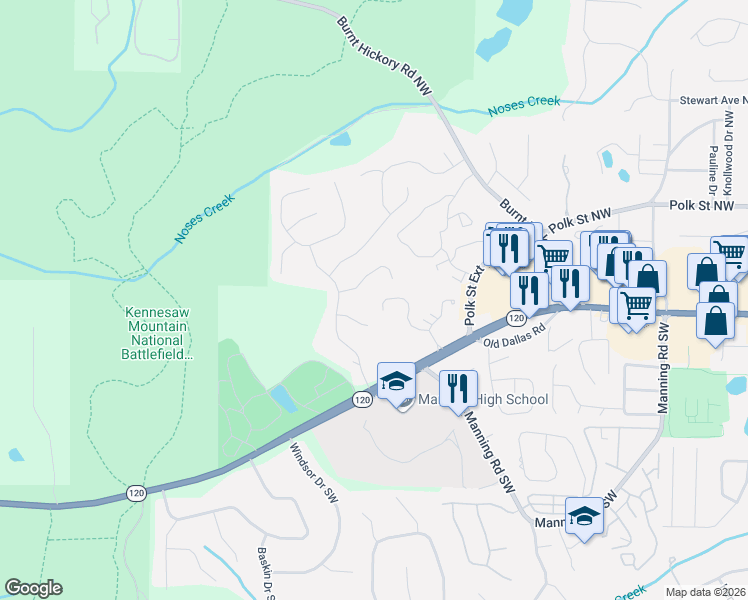map of restaurants, bars, coffee shops, grocery stores, and more near 1275 Whitlock Ridge Drive in Marietta