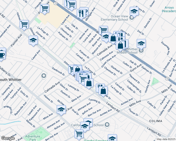 map of restaurants, bars, coffee shops, grocery stores, and more near 14074 La Forge Street in Whittier