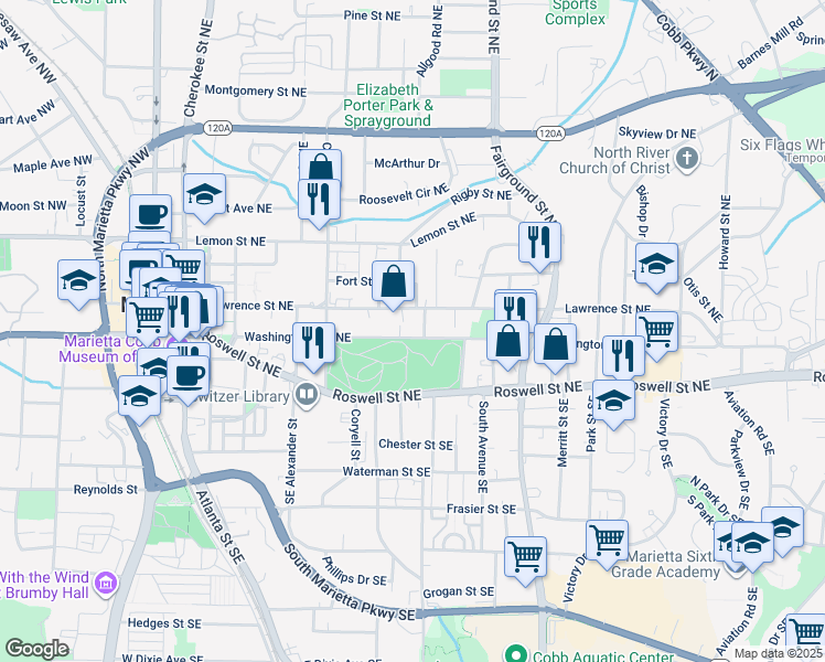 map of restaurants, bars, coffee shops, grocery stores, and more near 413 Washington Avenue Northeast in Marietta