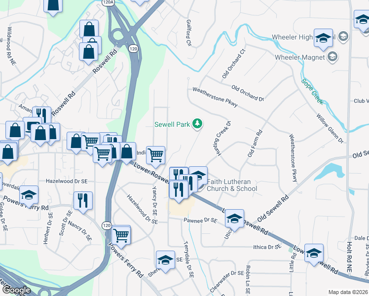 map of restaurants, bars, coffee shops, grocery stores, and more near 66 Sewell Lane in Marietta