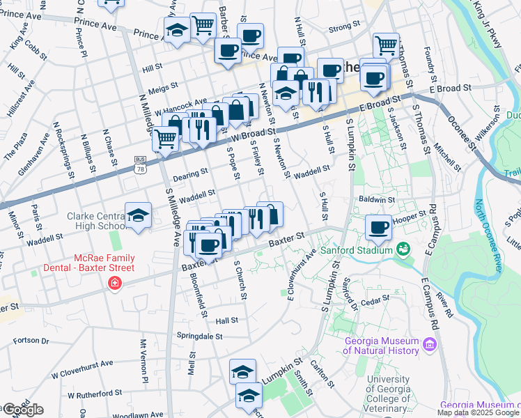 map of restaurants, bars, coffee shops, grocery stores, and more near Judy Circle in Athens
