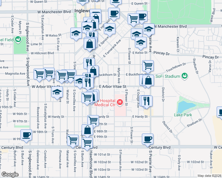 map of restaurants, bars, coffee shops, grocery stores, and more near 426 West Arbor Vitae Street in Inglewood