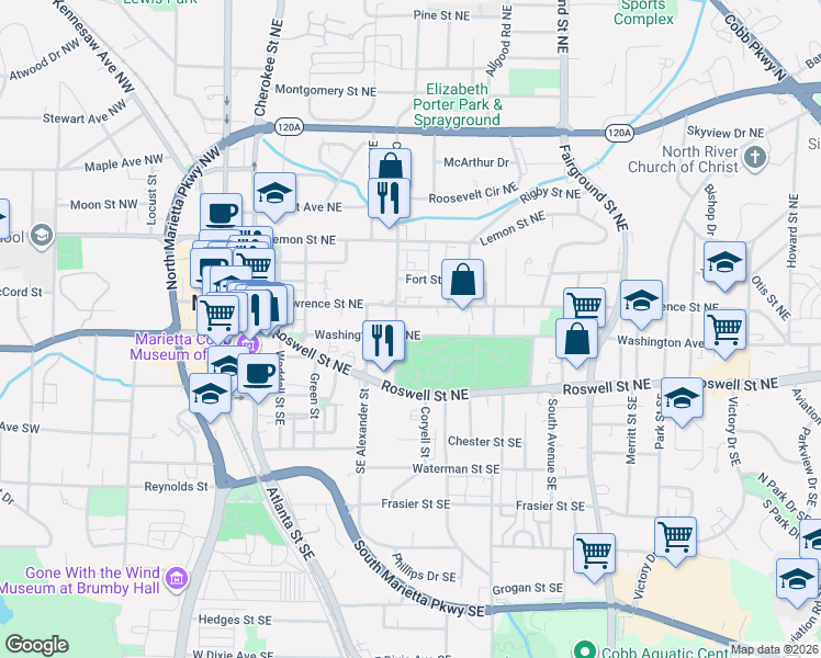 map of restaurants, bars, coffee shops, grocery stores, and more near 315 Washington Avenue Northeast in Marietta