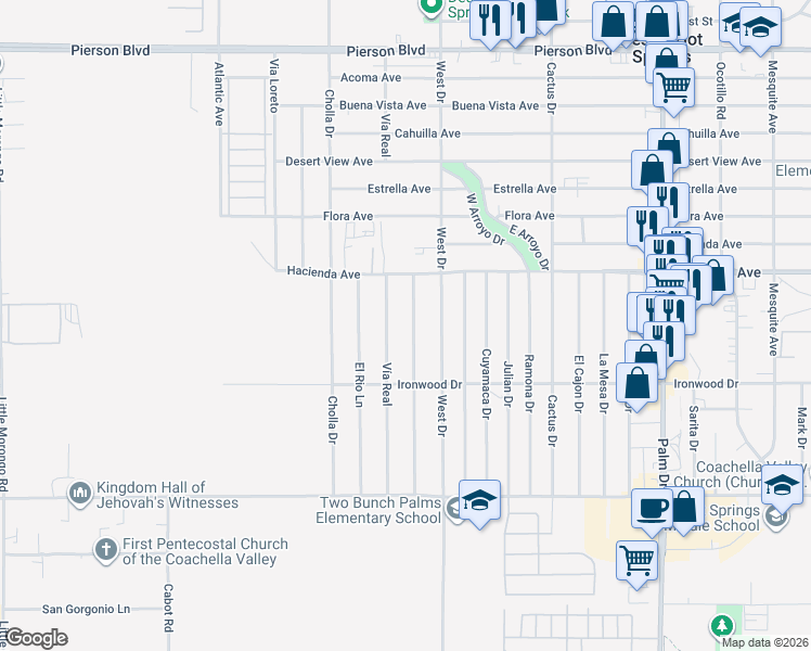 map of restaurants, bars, coffee shops, grocery stores, and more near 13237 Del Ray Lane in Desert Hot Springs