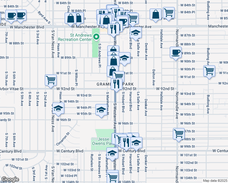 map of restaurants, bars, coffee shops, grocery stores, and more near 1806 West 92nd Street in Los Angeles