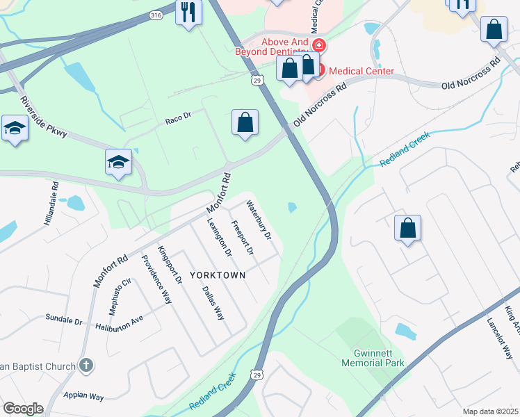 map of restaurants, bars, coffee shops, grocery stores, and more near 417 Waterbury Drive in Lawrenceville