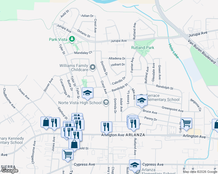 map of restaurants, bars, coffee shops, grocery stores, and more near 6715 Dorinda Drive in Riverside