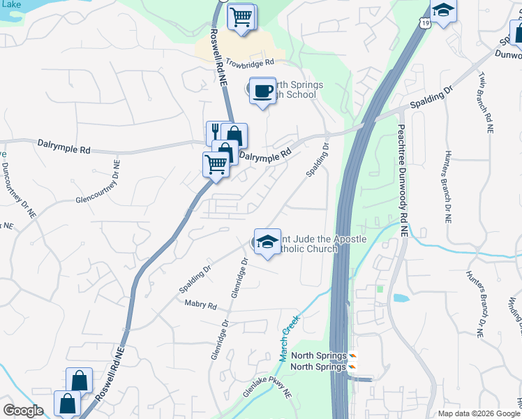 map of restaurants, bars, coffee shops, grocery stores, and more near 7645 Highland Bluff in Atlanta