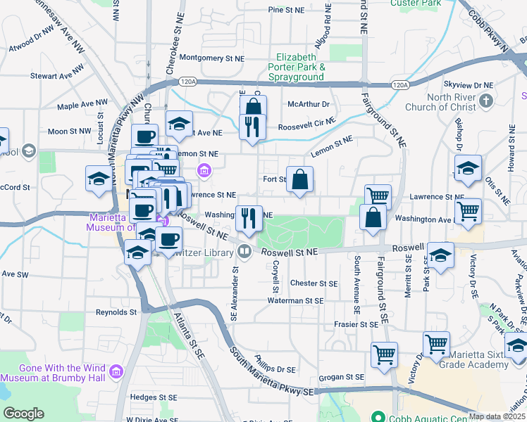 map of restaurants, bars, coffee shops, grocery stores, and more near 307 Washington Avenue Northeast in Marietta