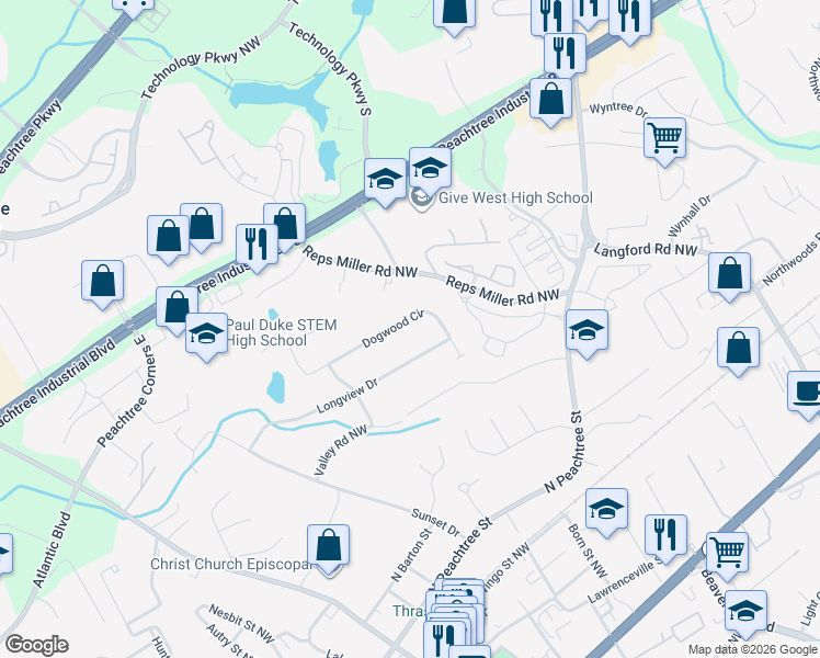 map of restaurants, bars, coffee shops, grocery stores, and more near 560 Dogwood Circle in Norcross